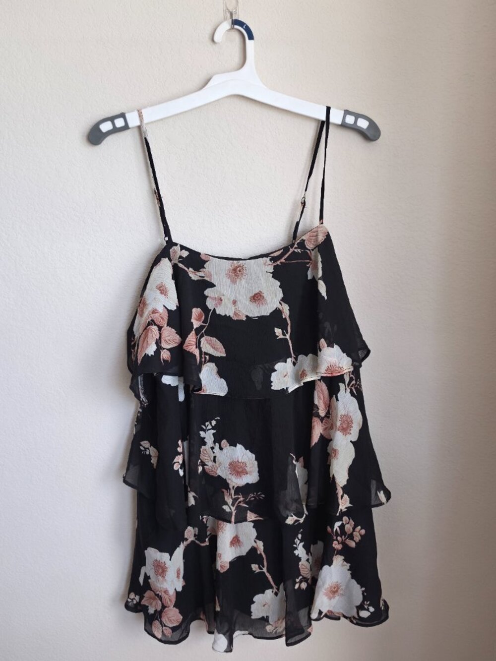 Floral Tiered Spaghetti Strap Dress - Black with Pink & White Flowers